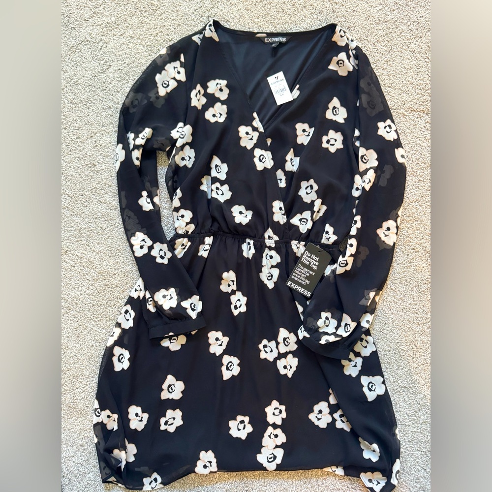 Express dress, black with white flowers, wrap dress